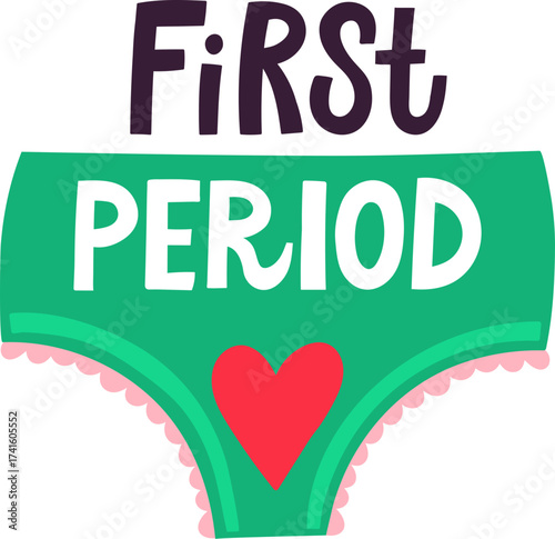 First period illustration with green panty and red heart