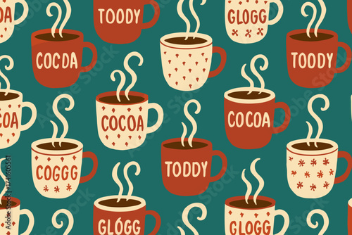 Warm mugs of cocoa and toddy create a cozy pattern for winter celebrations and gatherings in a festive design inspired by holiday cheer