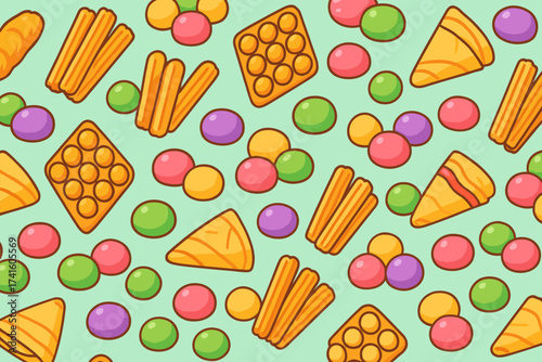 Colorful assortment of sweet snacks spread across a light green background in a playful arrangement