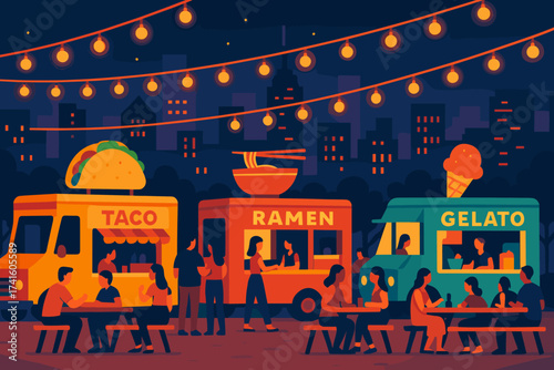 Vibrant food truck gathering at night with diverse cuisine options and a lively atmosphere