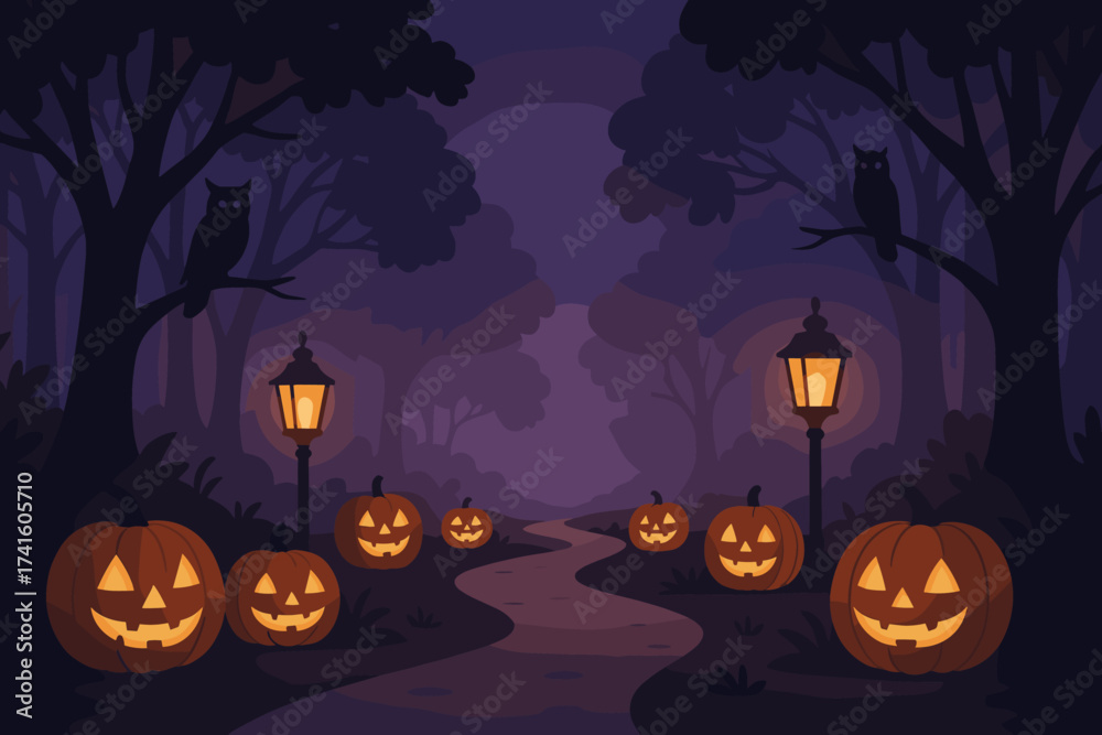 Fototapeta premium Spooky Halloween night in a quiet park with glowing jack-o-lanterns and watchful owls