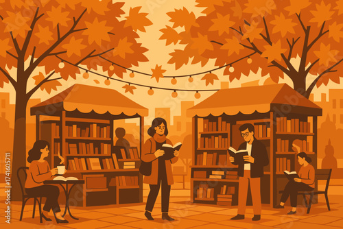 People enjoy reading and socializing at a cozy outdoor book market surrounded by autumn trees in a vibrant city
