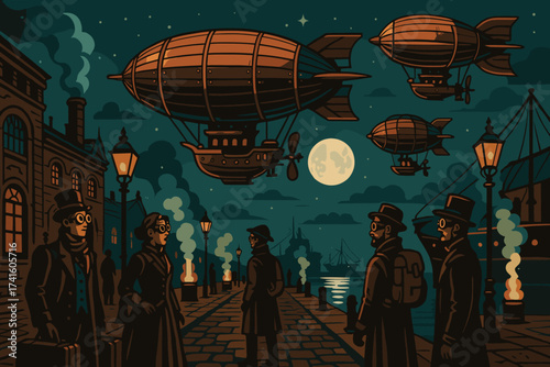 Evening scene with airships and people at a Victorian waterfront