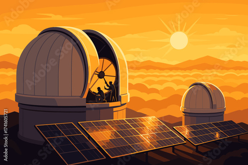 Observatory under sunset with observers and solar panels in the mountains