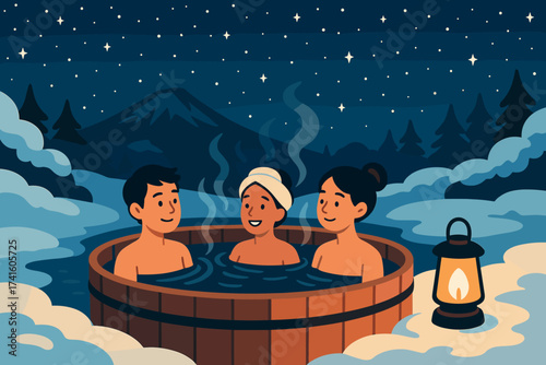 Relaxing in a hot spring under the starry night sky with friends in a tranquil mountain setting