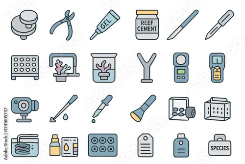 Essential tools and materials for coral reef aquaculture project set in a home workshop