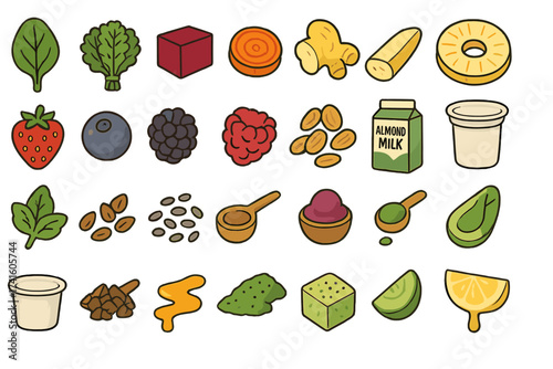 Colorful display of fresh fruits, vegetables, and healthy ingredients on a white background