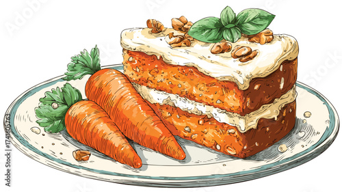 Delicious Carrot Cake with Colorful Garnish, Food Vector Illustration