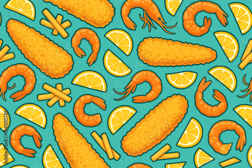 Fried shrimp and fish with lemon and fries arranged in a colorful pattern on a bright teal background