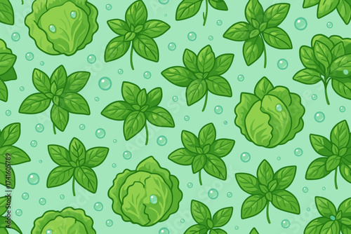 Green pattern featuring various leaf types and cabbage on a light background with water droplets