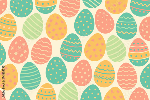 Colorful pattern of decorated Easter eggs in pastel shades for festive spring celebrations