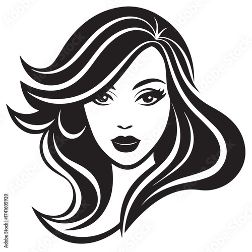 Illustration of a woman with long, flowing hair and beautiful eyes, isolated on white background the woman is looking to the side with a seductive expression, her hair is cascading down her shoulders