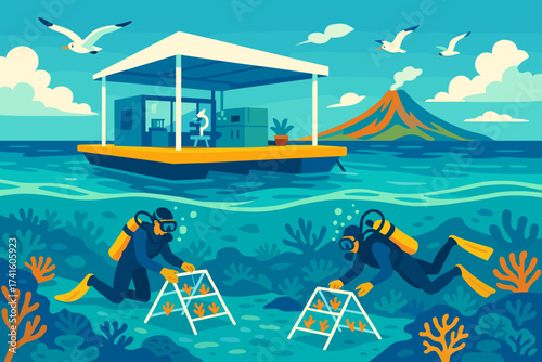 Ocean researchers study coral reefs in a vibrant underwater ecosystem near a tropical island at sunset