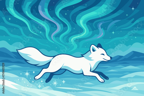 White fox running across snowy landscape under colorful northern lights