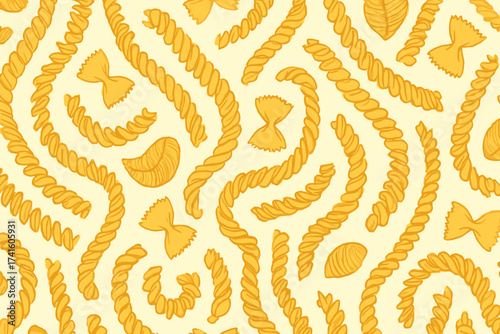 Colorful pasta shapes in various patterns and designs on a bright yellow background