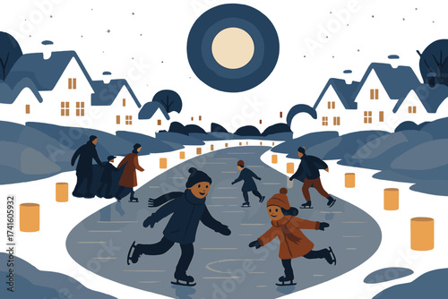Winter night ice skating on a frozen pond with families enjoying the festive atmosphere near cozy houses