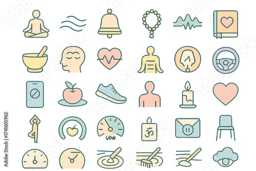 Wellbeing and mindfulness icons representing various therapeutic and health-related activities in a simple design