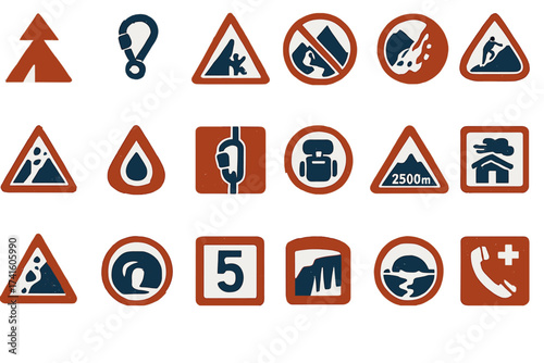 Various warning and information signs displayed at a mountain or hiking area indicating safety and regulations for visitors