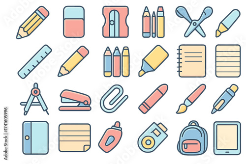 Colorful school supplies arranged on a flat surface showing tools for learning and creativity