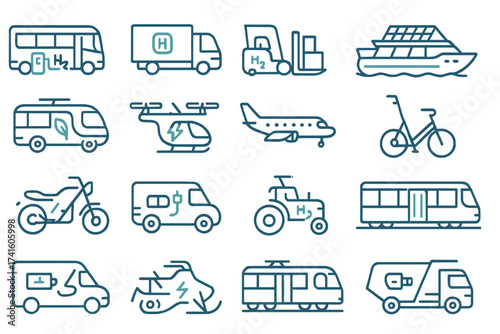 Various modes of transportation shown in simple line art style highlighting vehicles for land, water, and air travel