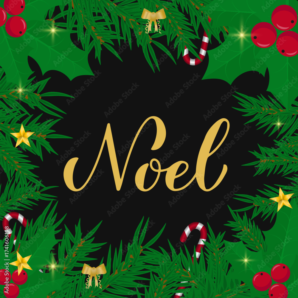 Naklejka premium Noel calligraphy hand lettering with fir tree branches. Winter holidays quote. Vector template for typography poster, banner, greeting card, etc.