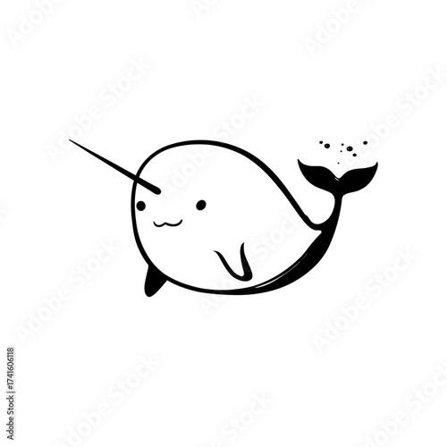 Narwhal. Narwhal simple black and white line art vector logo