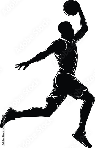 Dynamic silhouette illustration of a male basketball player performing a powerful slam dunk, capturing the athleticism and intensity of competitive sport
