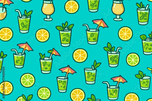 Colorful cocktail pattern featuring refreshing drinks and citrus slices on a vibrant blue background