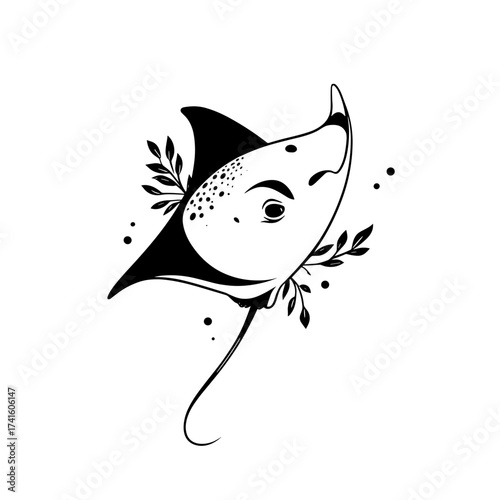 Stingray. Stingray simple black and white line art vector logo