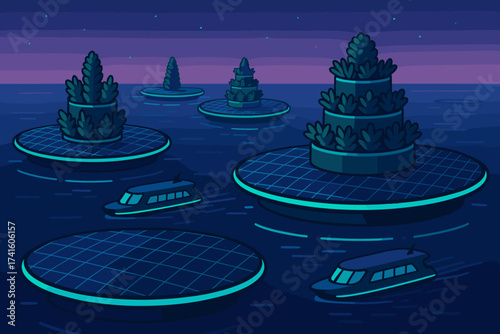 Nighttime view of floating islands with vibrant greenery and boats on calm water under a starry sky