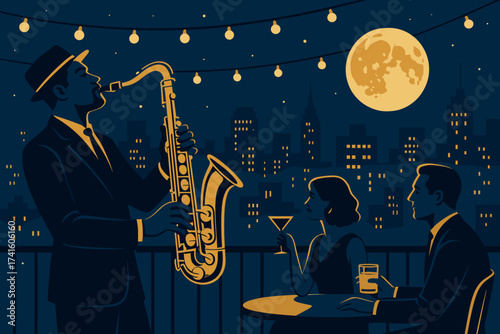 Jazz performance under the moonlight in a city rooftop bar with a view of the skyline