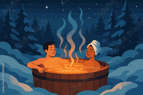 Couple relaxing in a hot tub surrounded by trees under a starry night sky