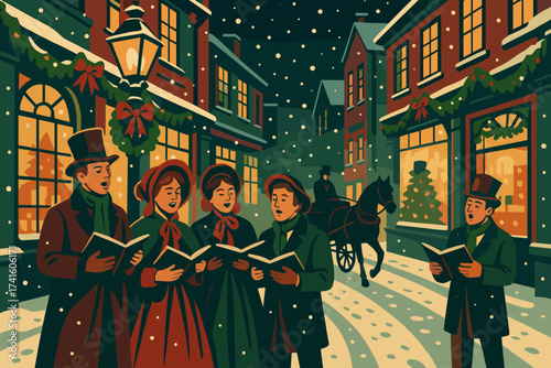 Holiday carolers sing joyfully in a snowy street with decorated houses during the festive season