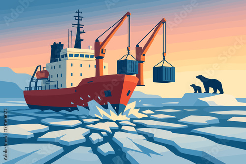 Cargo ship navigates icy waters while polar bears observe during sunset in Arctic region