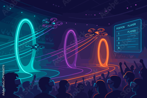 Drone racing competition takes place in a vibrant indoor arena with spectators excitedly cheering for their favorite players