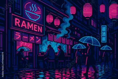People enjoying ramen under colorful lanterns on a rainy night in a vibrant city neighborhood