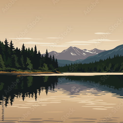 Mountain landscape with forest reflection on lake during calm sunset natural scenery vector illustration 