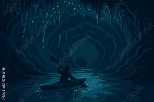Kayaker exploring a bioluminescent cave with glowing lights at night