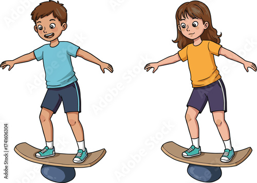 Children balancing on wooden balance boards, kids exercise activity, coordination training, physical education, fitness fun, stability practice, sports training, healthy lifestyle