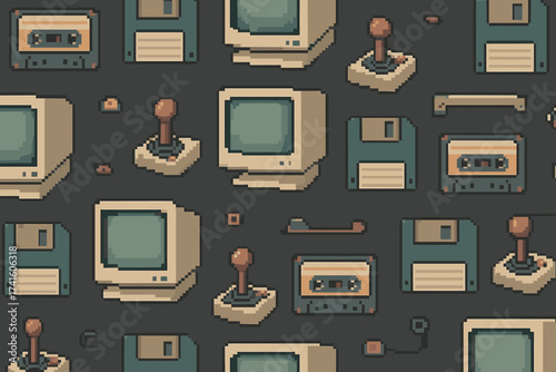Retro technology pattern featuring vintage computers, cassette tapes, and gaming controllers on a dark background