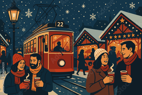 Couples enjoy warm drinks and holiday decorations at a vibrant winter market with a vintage tram in the background