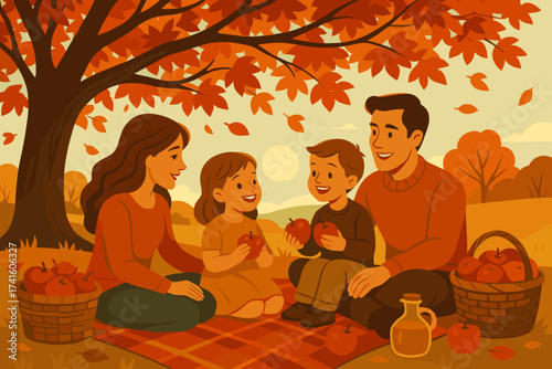 Family enjoys a cozy autumn picnic under a beautiful tree with vibrant orange leaves among baskets of apples