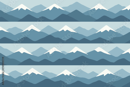 Mountain range pattern featuring layered blue tones and snowy peaks in a minimalist design