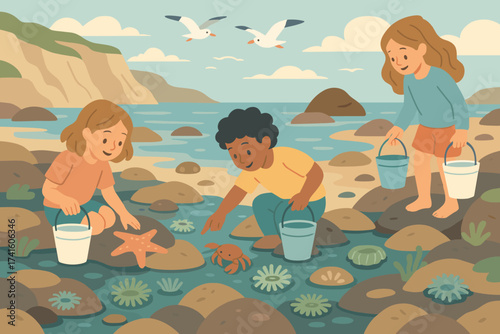 Children exploring tide pools at the beach while discovering marine life on a sunny day