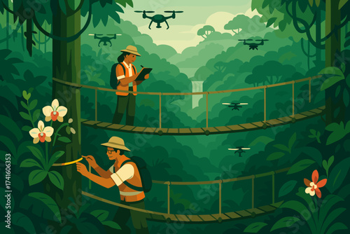 Researchers study tropical plants and use drones to monitor biodiversity in a lush rainforest