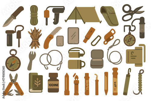 Exploring essential camping gear and tools for outdoor adventures, featuring knives, tents, flashlights, and more