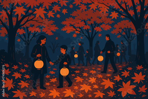 Families enjoy a lantern festival in a colorful autumn scene at night with vibrant leaves on the ground