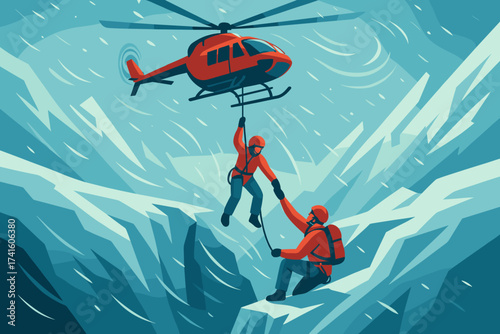 Rescue operation in a mountainous area with climbers being airlifted by helicopter during a winter storm