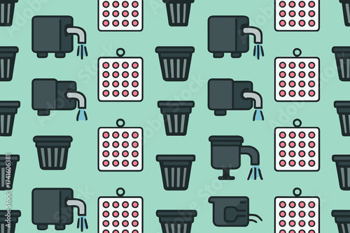 Colorful pattern featuring kitchen and cleaning items on a light green background