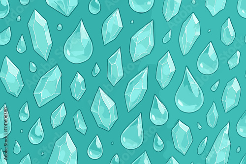 Various crystal and water droplet patterns on a teal background showcasing unique shapes and reflections